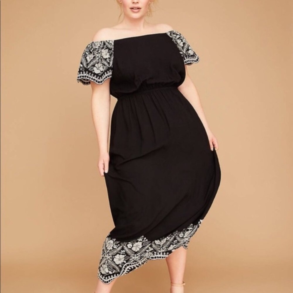 Lane Bryant Black & White Embroidered Off Shoulder Ruffle Sleeve Maxi Dress